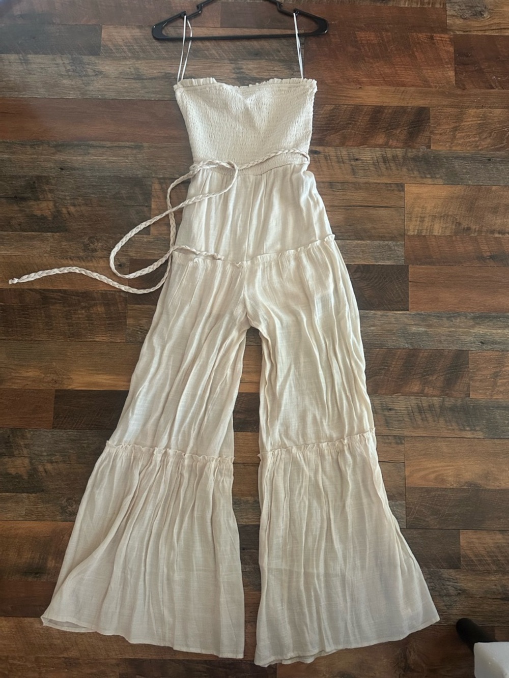 Women’s Cream Smocked Strap Jumpsuit with Wide Ruffled Legs